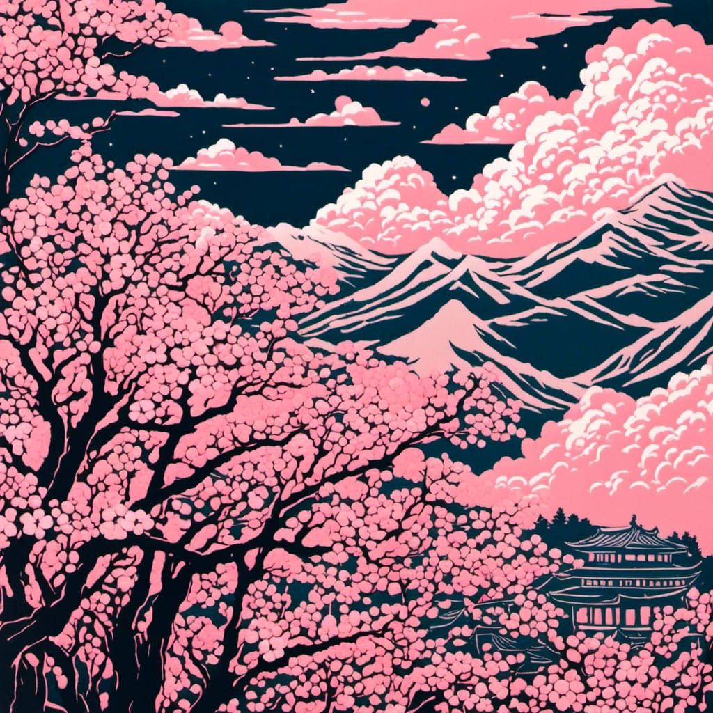 Sakura Blossoms with Asian Clouds in Linocut Style