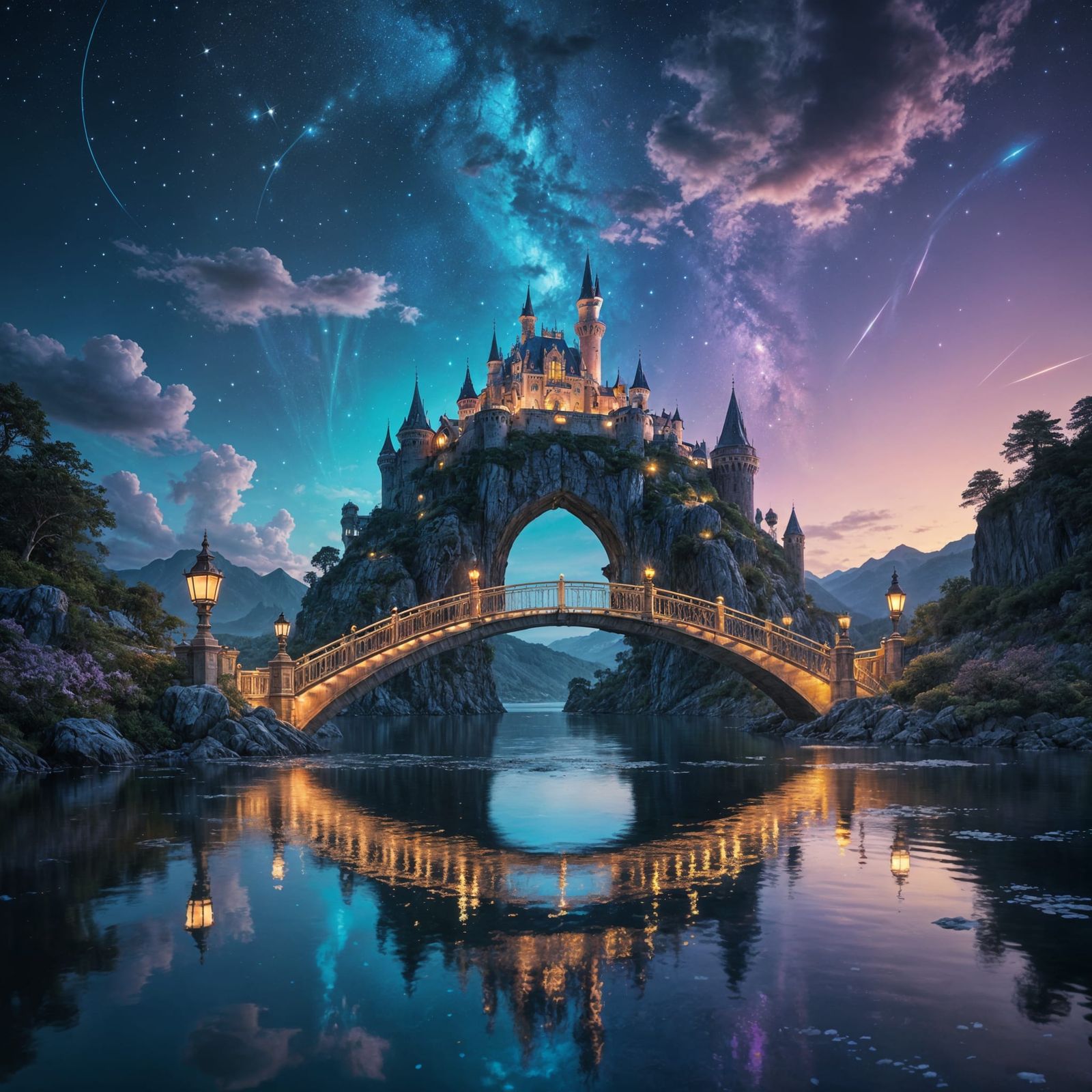 Luminous Bridge Between Floating Fairy-Tale Castles