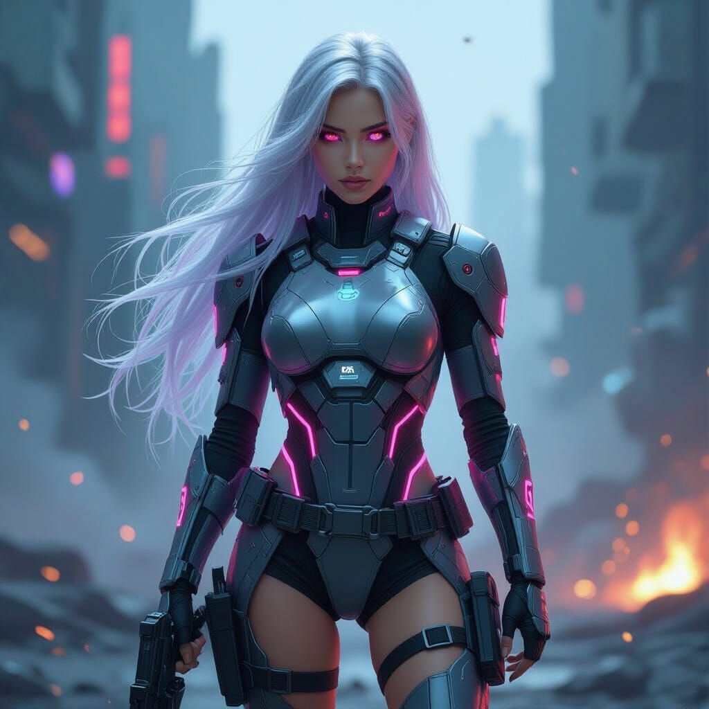 Futuristic Warrior Woman in Neon Combat Armor