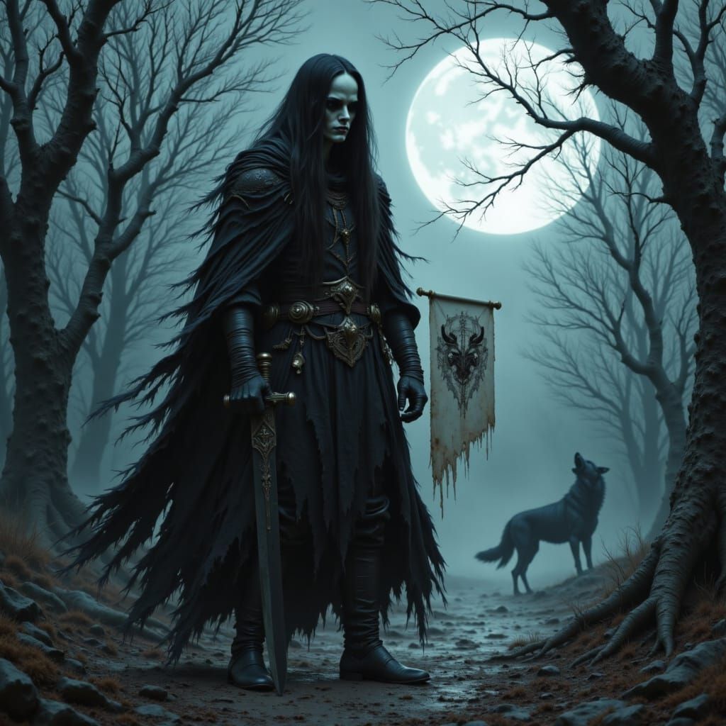 Gothic Female Crusader in Moonlit Medieval Forest