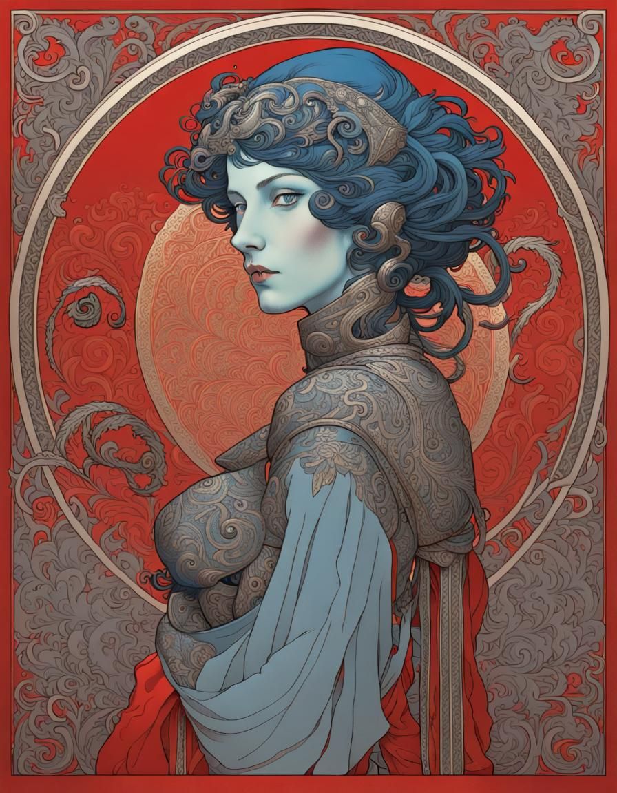 Female Warrior with Trout Shield in Art Deco Style