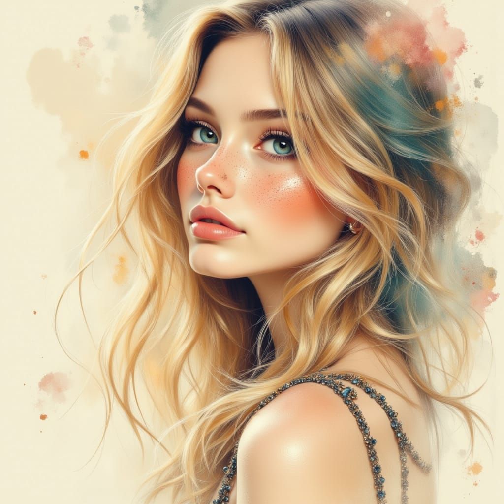 Beautiful Woman Portrait with Blonde Hair and Blue-Green Eye...