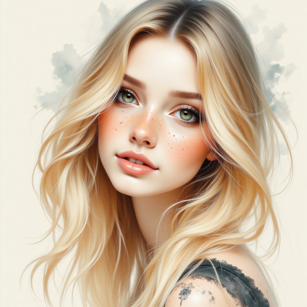 Beautiful Woman Portrait With Long Blonde Hair In Pencil Ske...