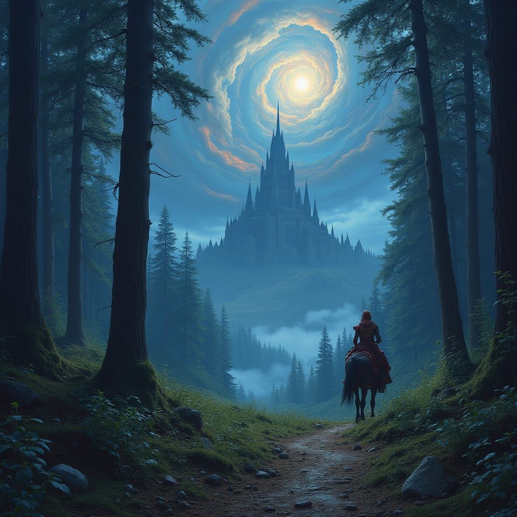 Knight Ascends Hill Towards Cosmic City in Dark Fantasy Styl...