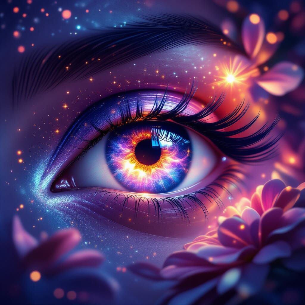 Cosmic Goddess Eye Blooms into Nebula of Flowers and Galaxie...