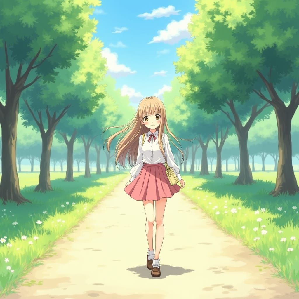 Anime Girl in Park with Watercolor Textures