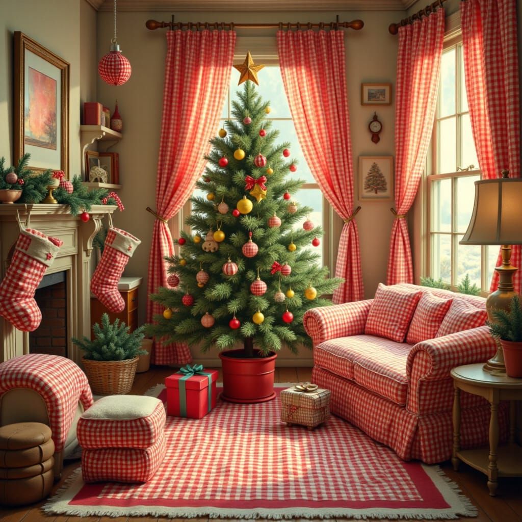 Cozy Christmas Living Room in Gingham Style