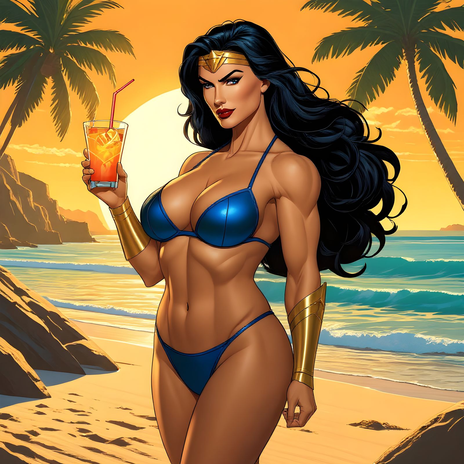 Muscular Wonder Woman Enjoys Cocktail on Tropical Beach