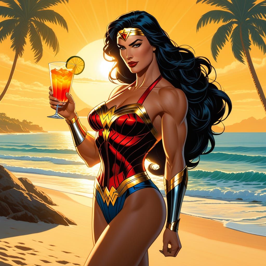 Muscular Wonder Woman Enjoys Tropical Beach Cocktail