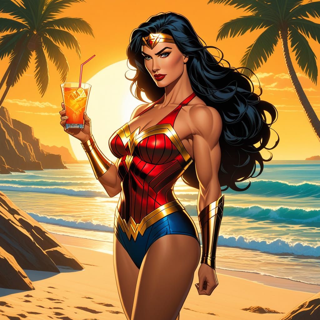 Muscular Wonder Woman Enjoys Cocktail on Tropical Beach