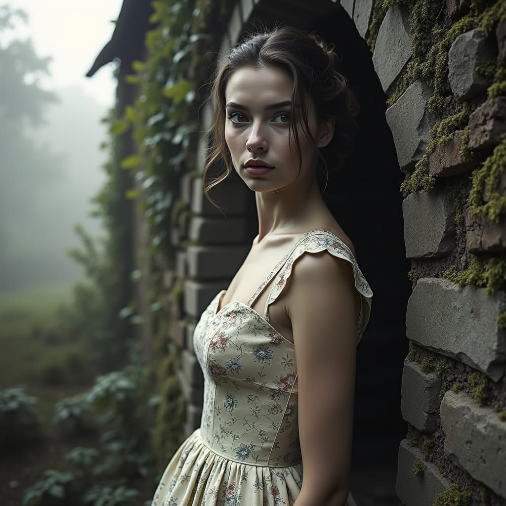 Elegant Woman at Ivy-Covered Gristmill in Monochrome