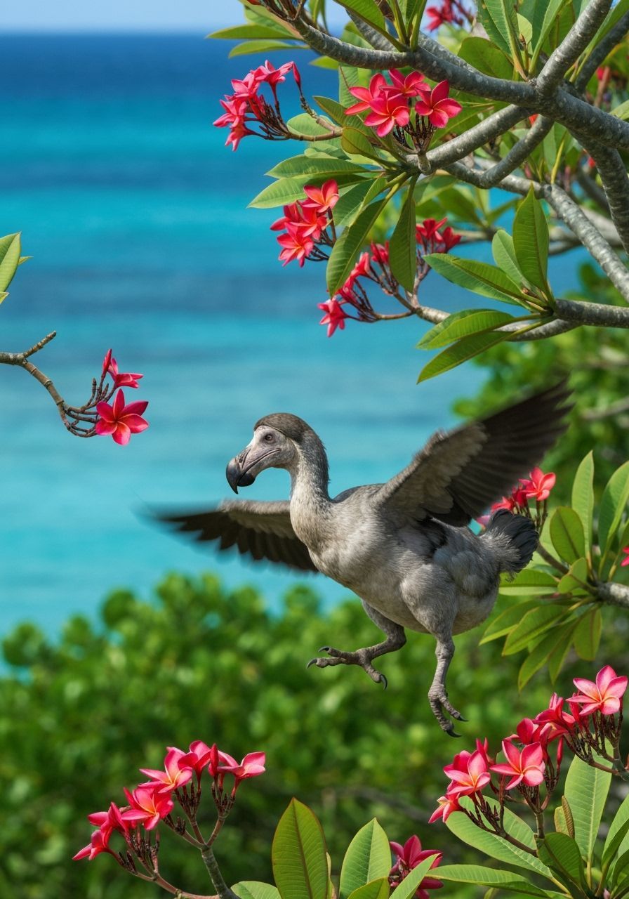 Dodo Bird in Flight Among Tropical Blossoms