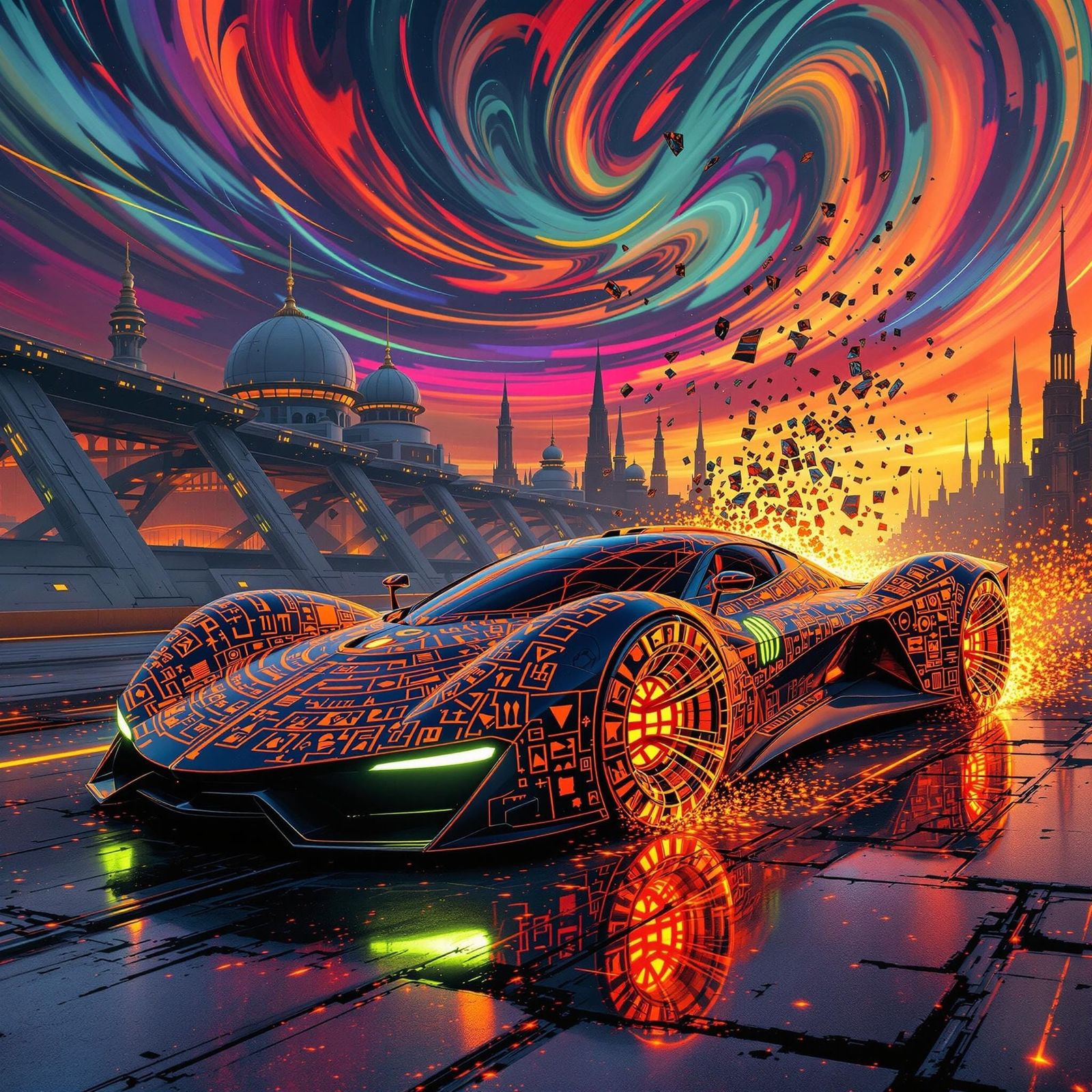Futuristic Supercar with Glowing Hieroglyphs in Psychedelic ...