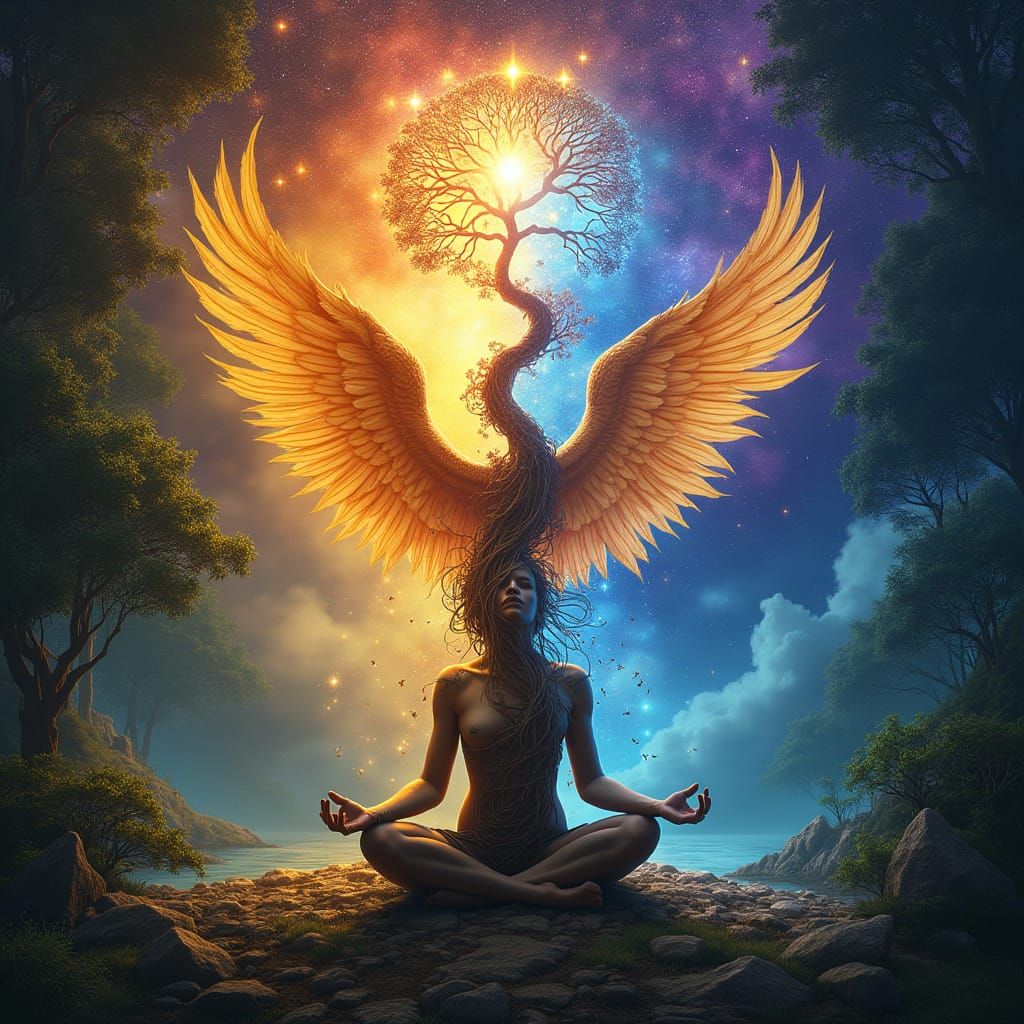 Meditating Figure in Tree of Life with Phoenix Wings