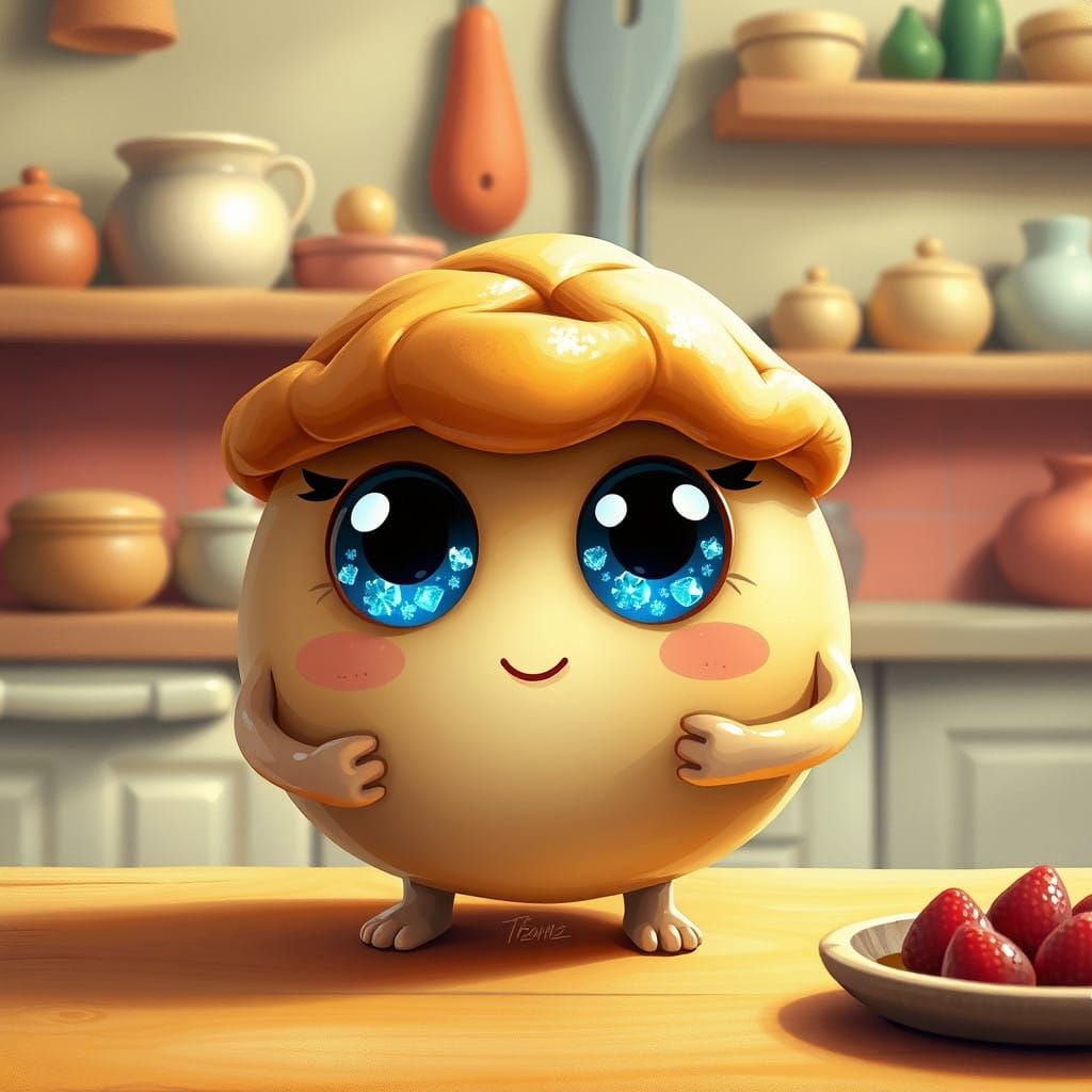 Whimsical Pie Character in Dreamlike Kitchen Scene