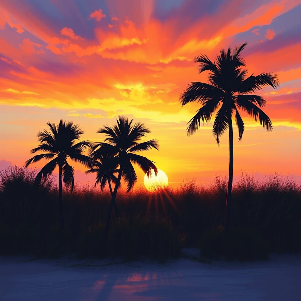 Vibrant Sunset Over Palm-Lined Mississippi Beaches
