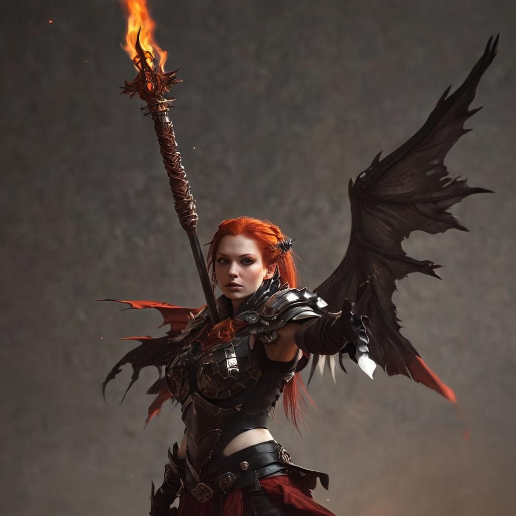 Dragon Woman with Flaming Sword in Dark Fantasy Art