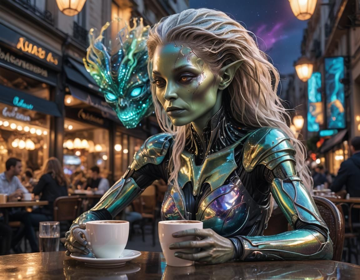 Iridescent Alien Woman at Cafe
