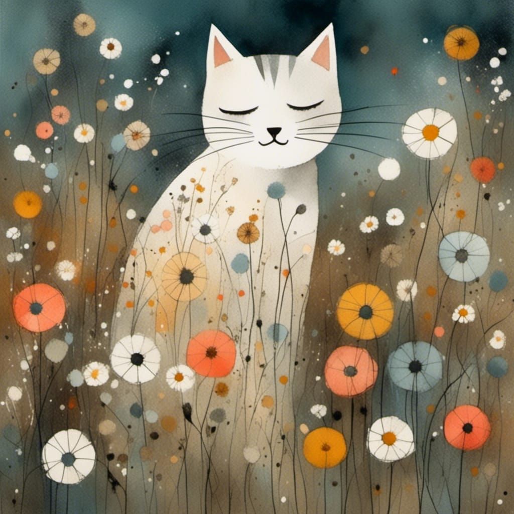 Cat in Flower Meadow, Charcoal and Ink Sketch