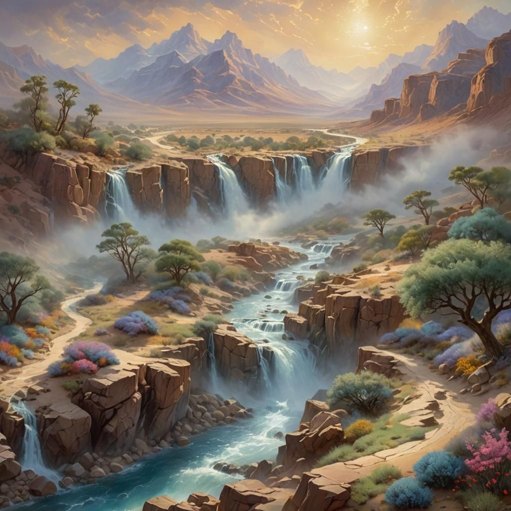 Moses Double Exposure in Desert Stream, Kinkade Style
