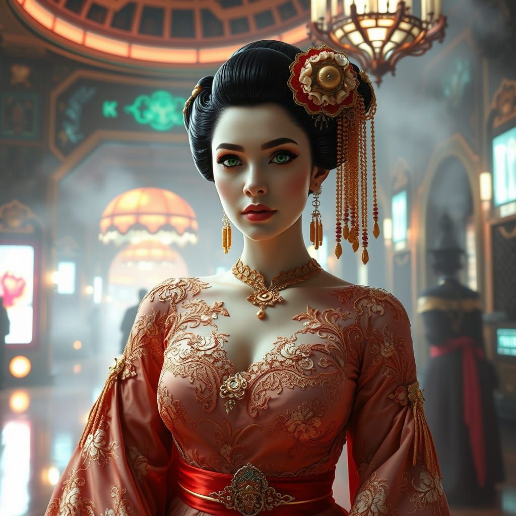 Dieselpunk Geisha Princess in Cyberpunk Versailles