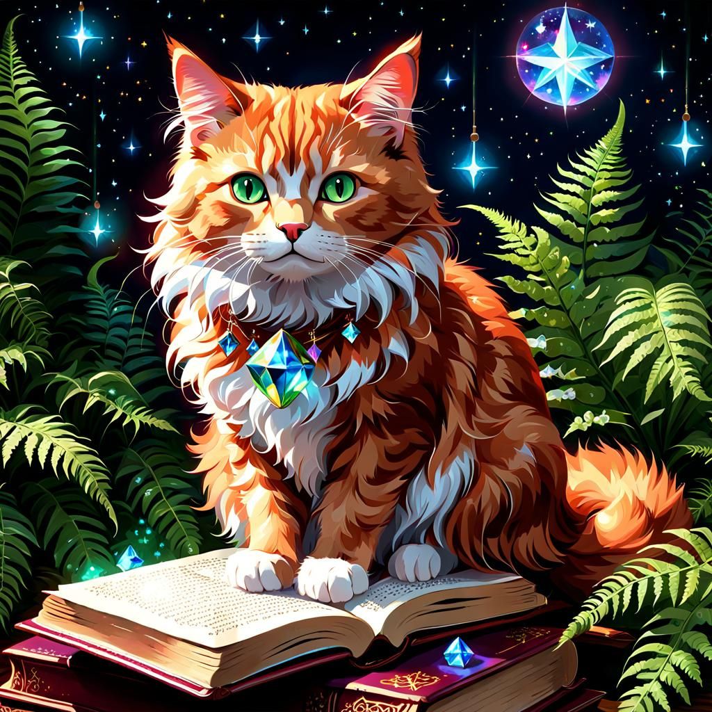 Majestic Red-Haired Cat on Magical Grimoire