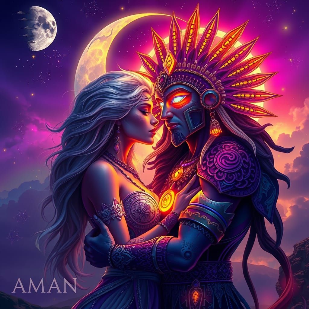 Moon Goddess and Sun God Embrace in Art Nouveau Style