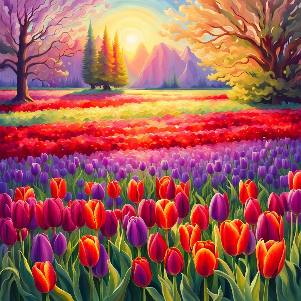 verdant field with immaculate red and violet tulips