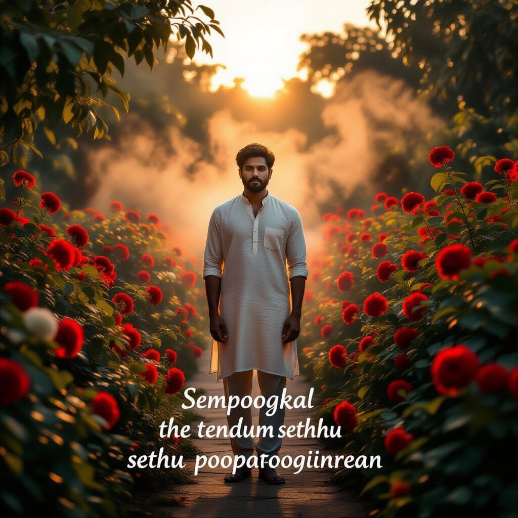 Man Dissolves into Light in Ethereal Garden