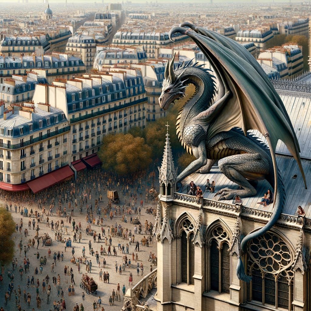 Vibrant Notre-Dame Scene with a Majestic Dragon Observer