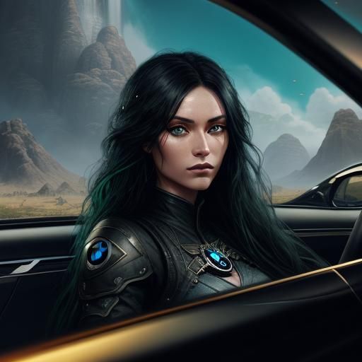Girl in Car with Green Eyes: Fantasy Concept Art