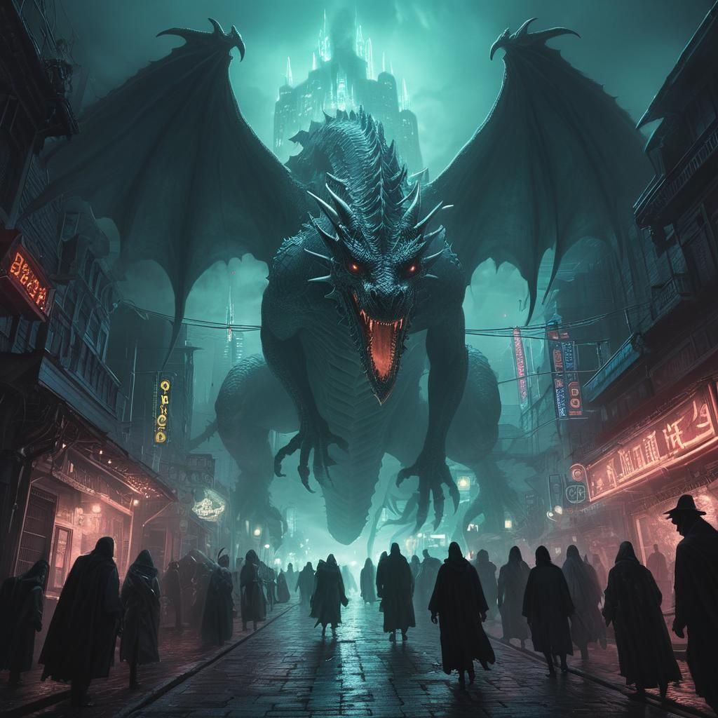 Ghostly Dragon Descends on Neon City, Dark Fantasy Art