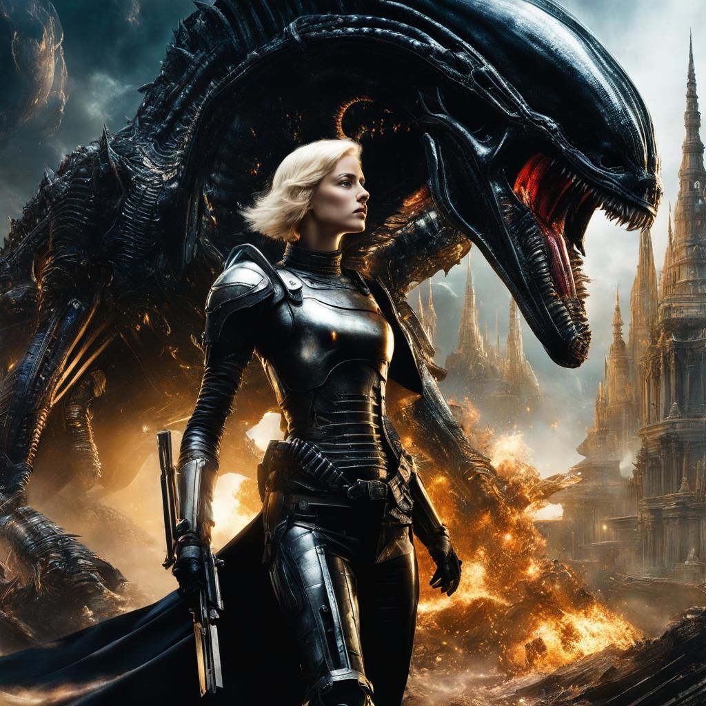 Joan of Arc vs Xenomorphs in Maximalist Style