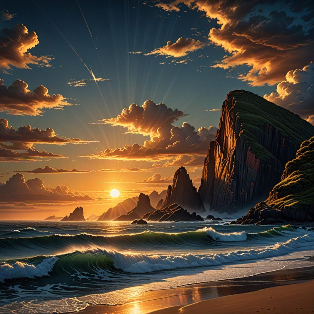 Namatjira-Inspired Sunset Seascape in Chiaroscuro Style