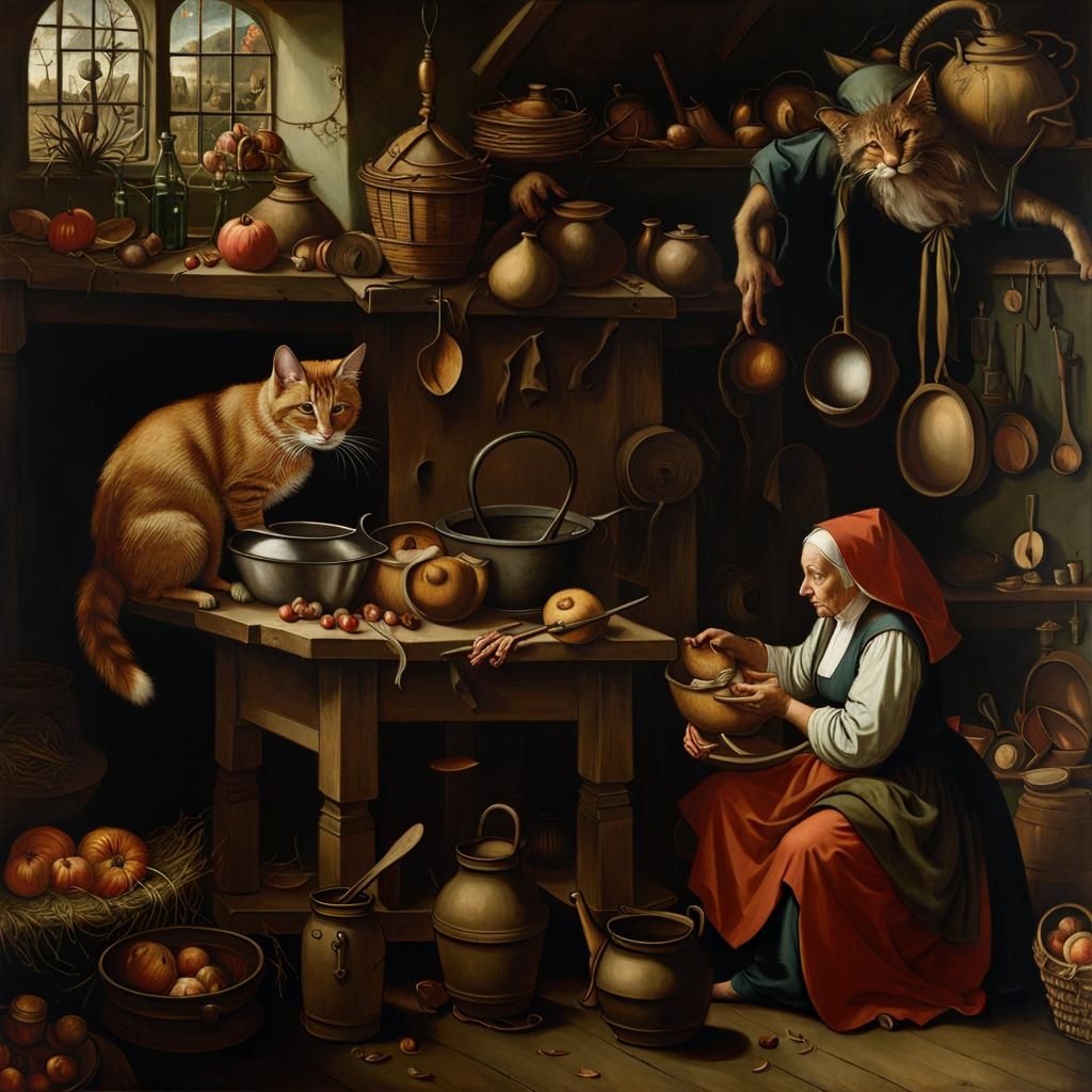 Witch and Cat in Kitchen: Chiaroscuro Oil Painting