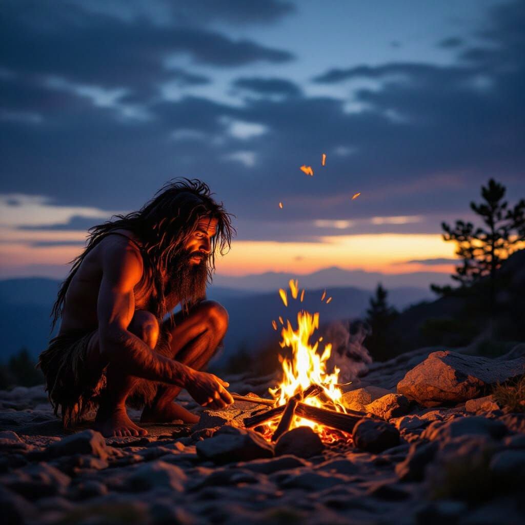Prehistoric Human Discovers Fire in Dramatic Dusk Scene