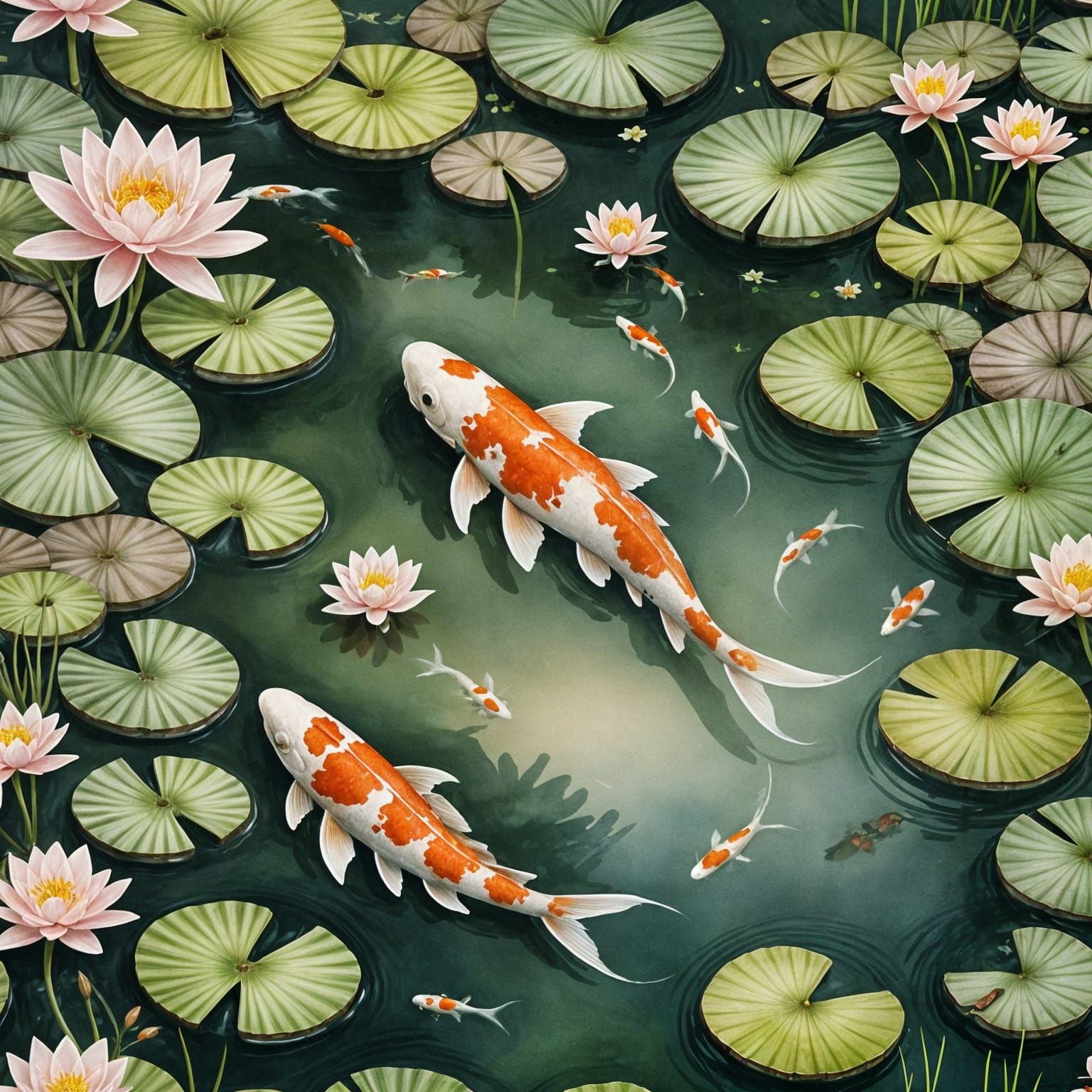 Serene Koi Pond in Japanese Watercolor Style