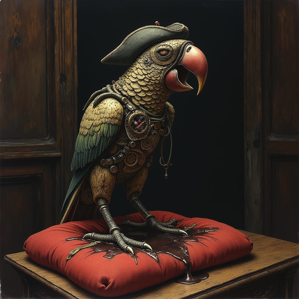 Melting Pirate Parrot in Dimly Lit Chamber, Goya Etching