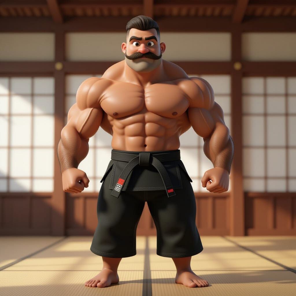 Muscular Judo Bodybuilder in Dojo: 3D Digital Art