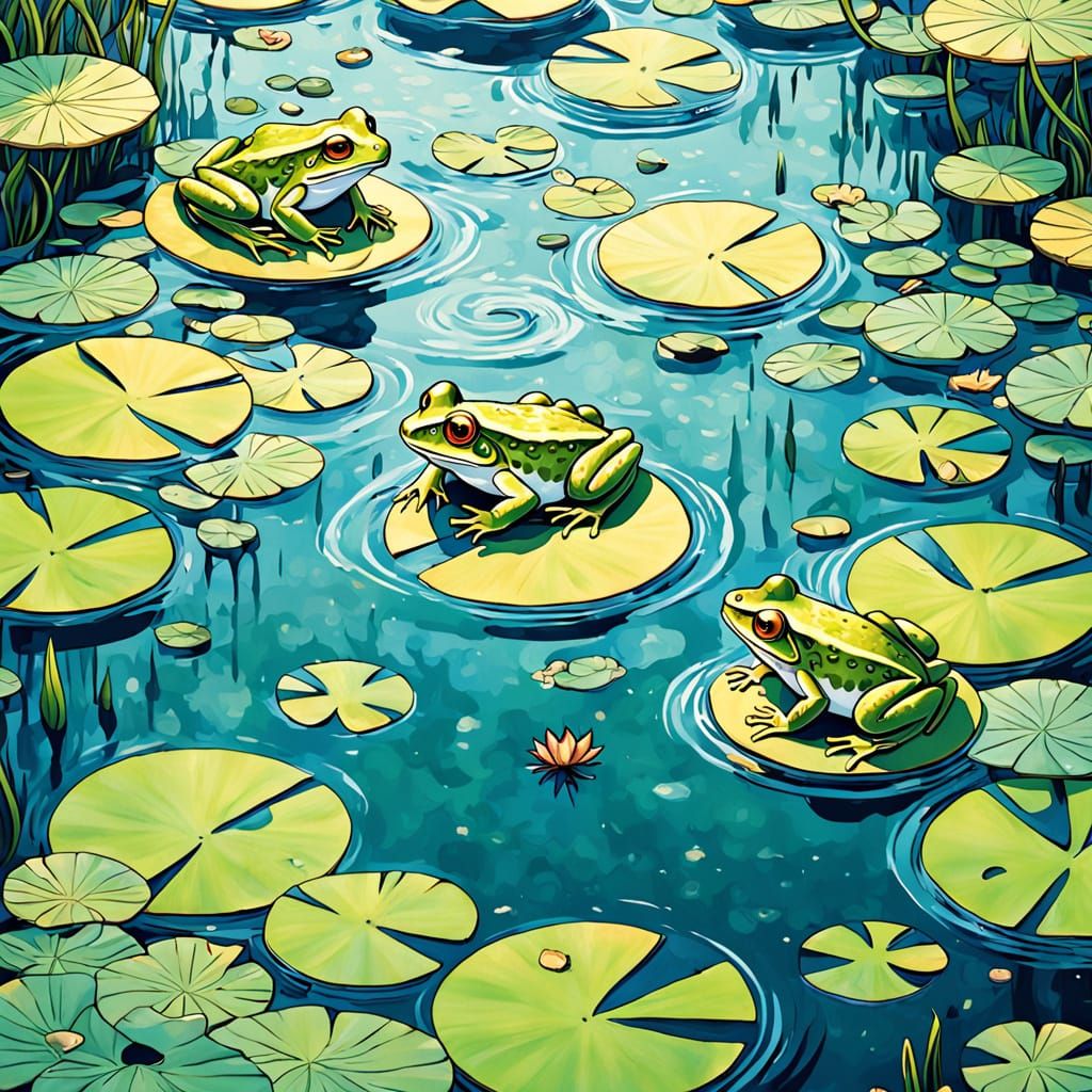 Vibrant Anime-Inspired Dream Lake with Frogs in Infinite Pat...