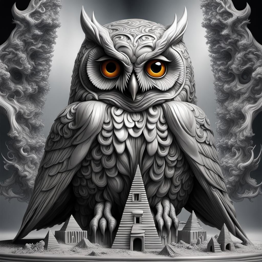 Surreal Silver Pyramid and Melting Owl
