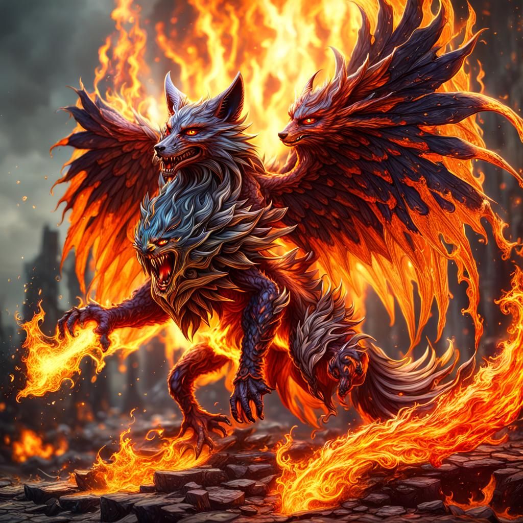 Winged Fire Fox Devil in Detailed Matte Painting