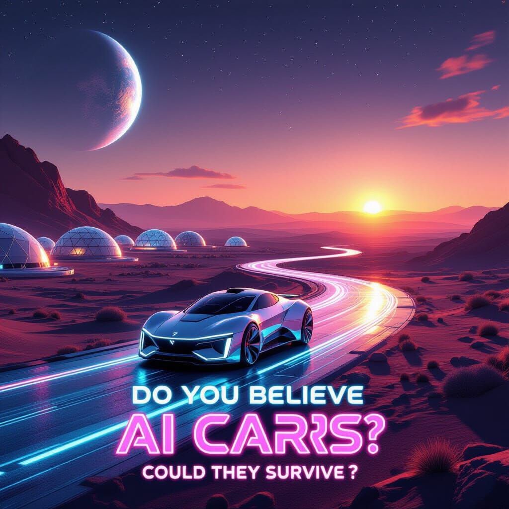 Futuristic Mars Colony Sunset: AI Car Vision