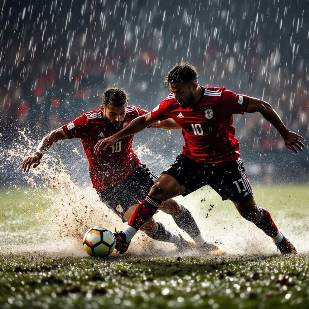Soccer Player Tackling in Dramatic Downpour