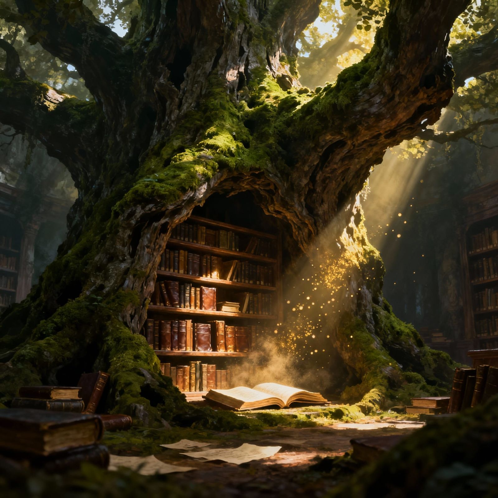 Ancient Library Inside Petrified Tree, Dark Fantasy Concept ...