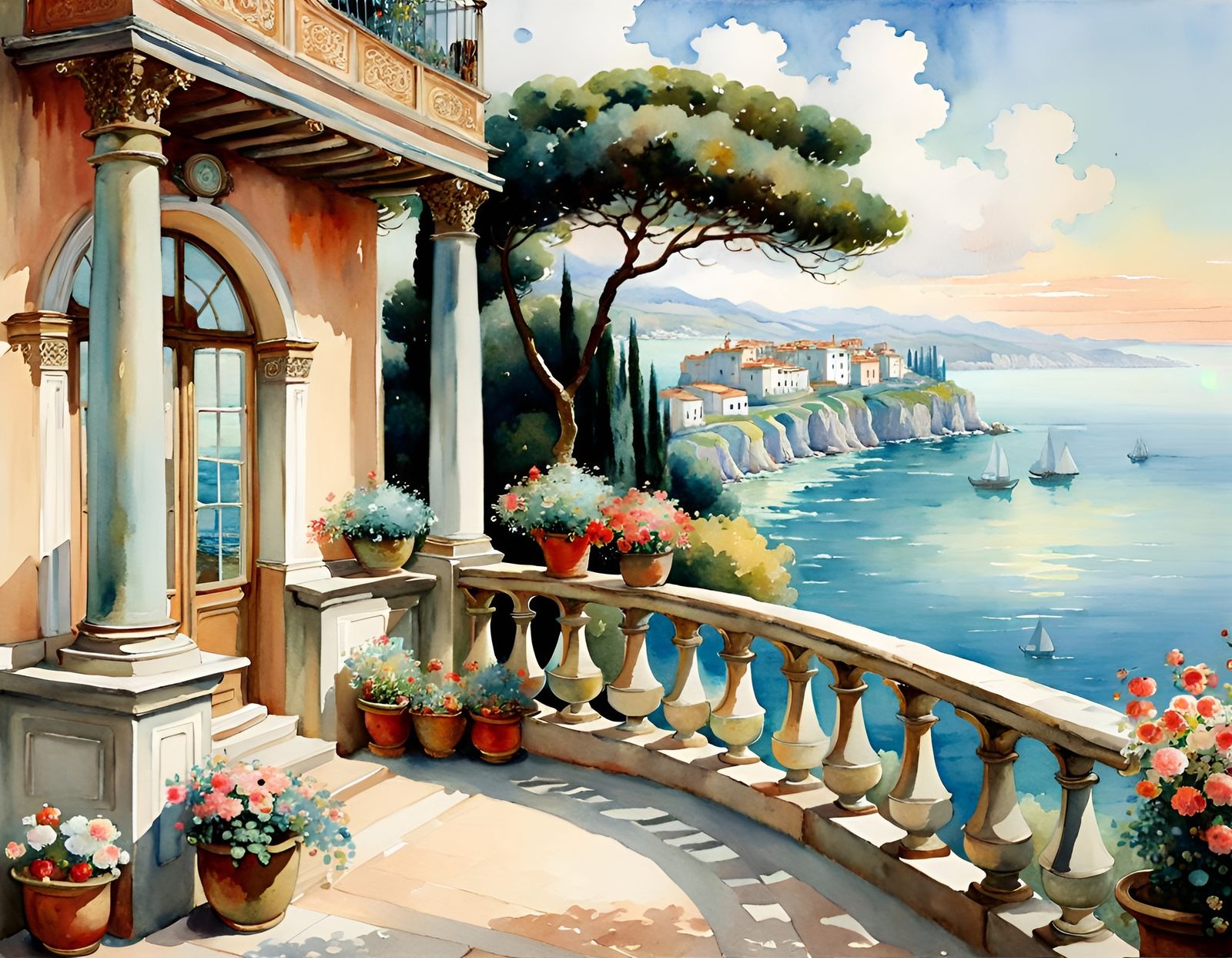 Italian Villa Balcony in Watercolor Landscape Style