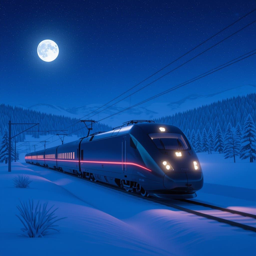 Futuristic Neon Train Soars Through Snowy Winter Night