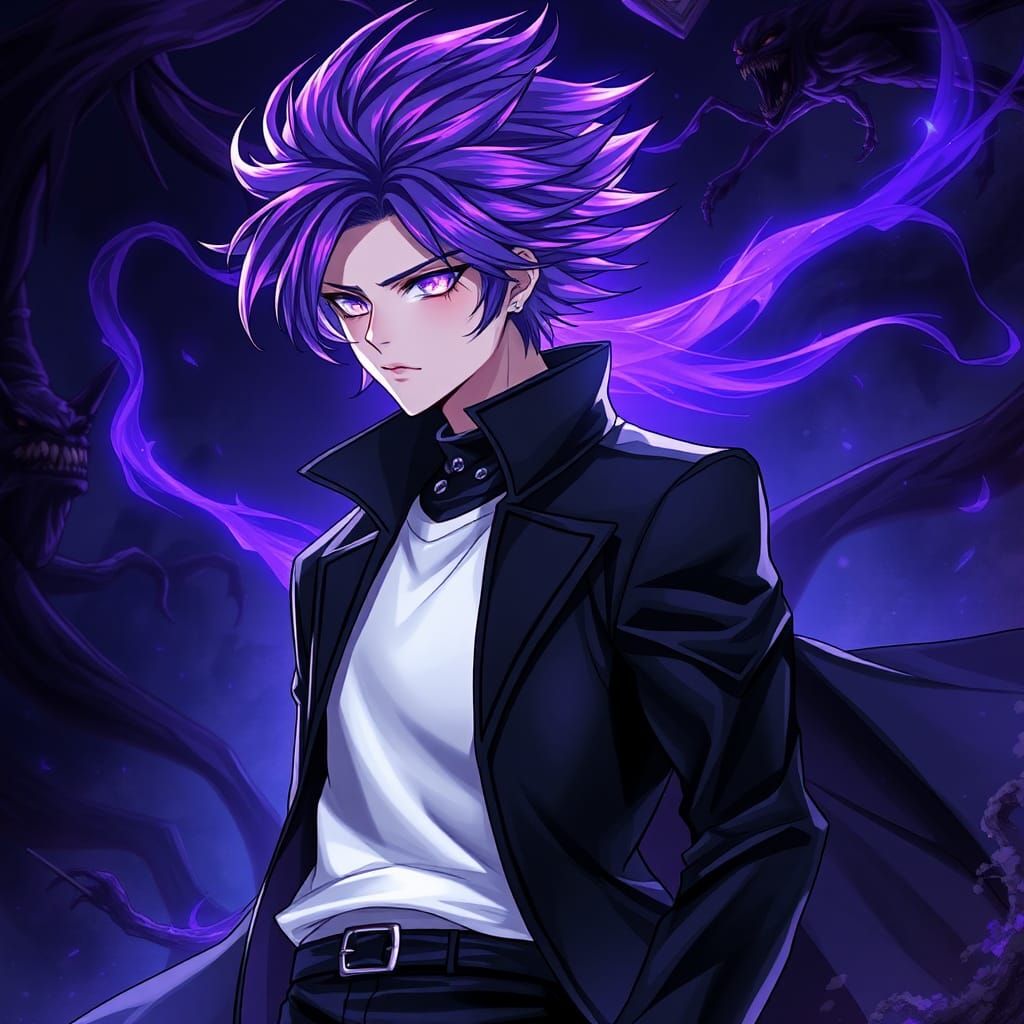 Heroic Man with Purple Hair in Anime Style