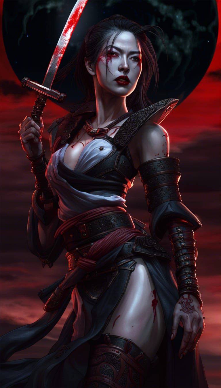 Vampire Samurai with Blood Moon, Dark Fantasy Art
