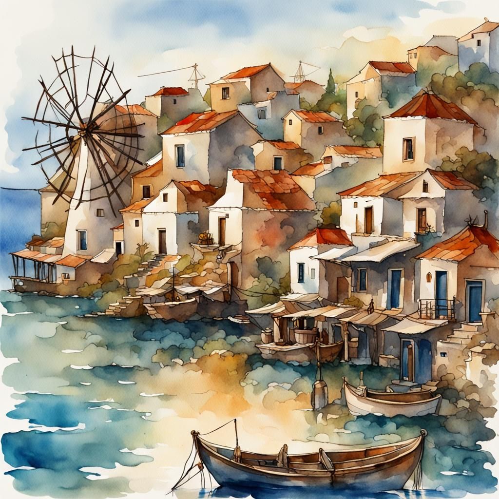 Dreamy Greek Taverna Watercolor Painting